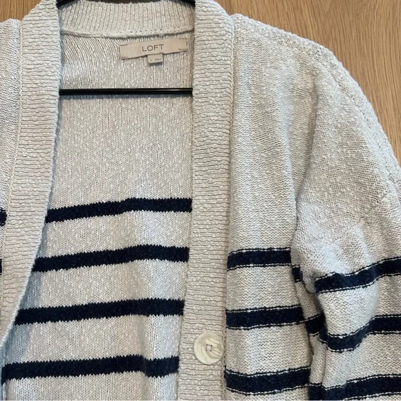Loft 100% Cotton Striped Cardigan Boucle Accents White and Navy Medium - Picture 5 of 6
